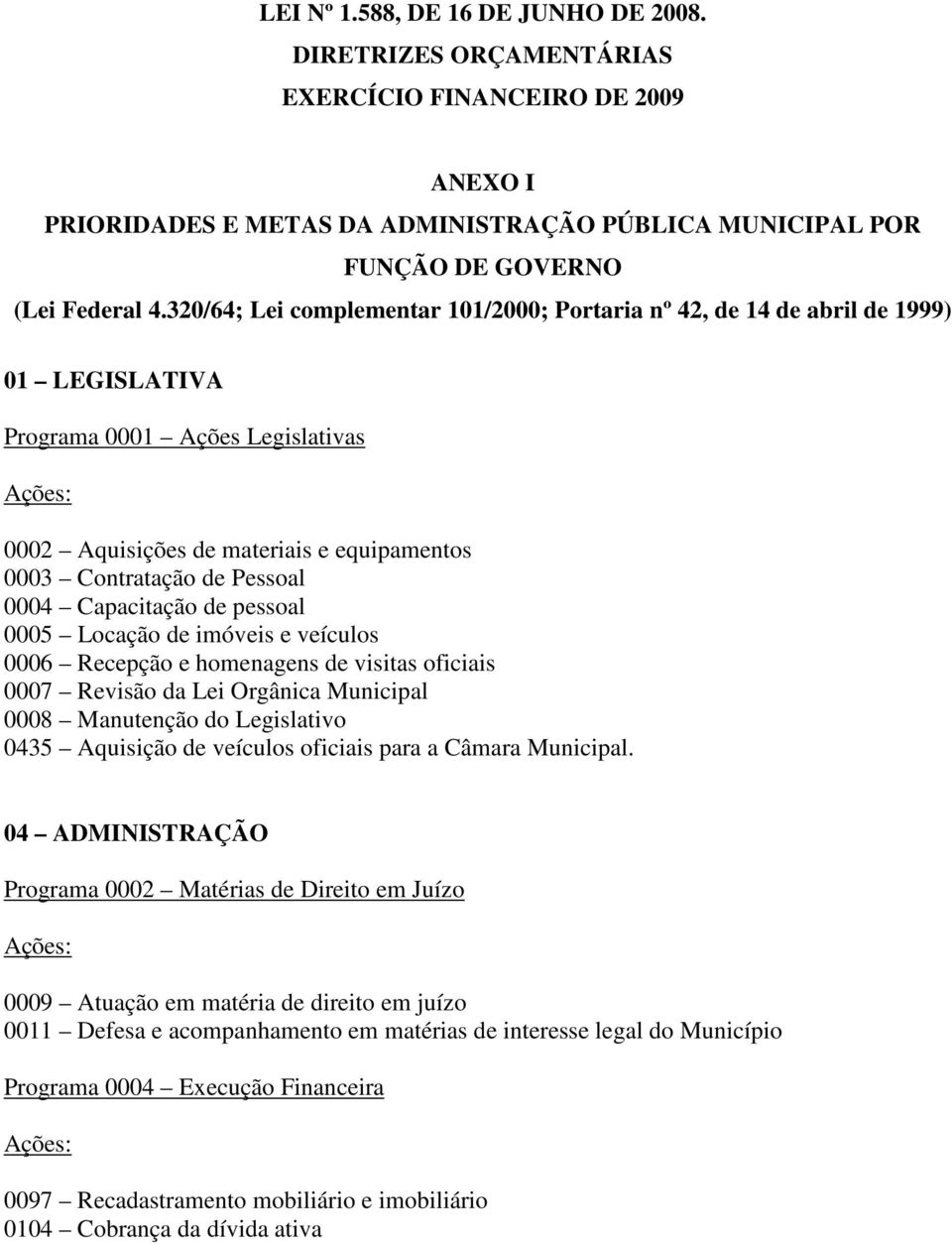 Capacitação de pessoal 0005 Locação de imóveis e veículos 0006 Recepção e homenagens de visitas oficiais 0007 Revisão da Lei Orgânica Municipal 0008 Manutenção do Legislativo 0435 Aquisição de