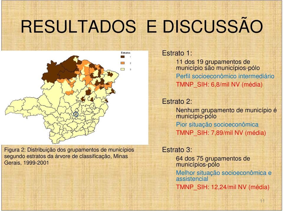 Figura 2: Distribuição dos grupamentos de municípios segundo estratos da árvore de classificação, Minas Gerais, 1999-2001