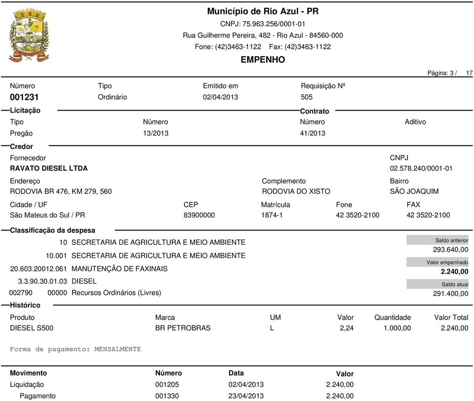 02.578.240/0001-01 SÃO JOAQUIM São Mateus do Sul / PR 83900000 1874-1 42 3520-2100 42 3520-2100 10 SECRETARIA DE AGRICULTURA E MEIO AMBIENTE 10.