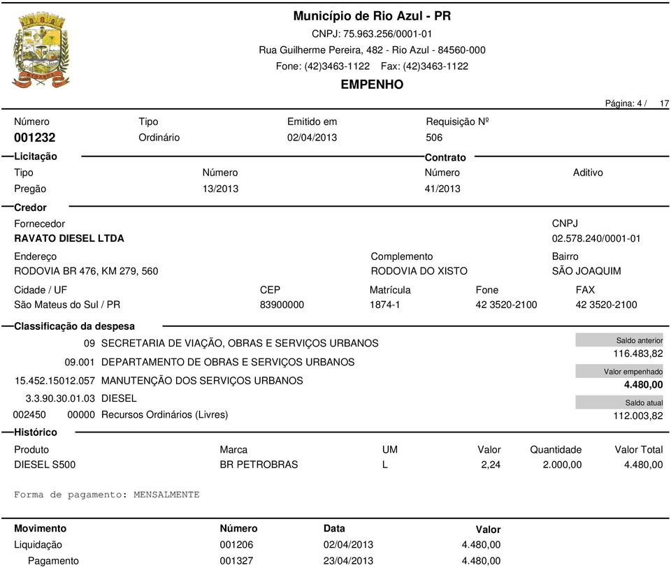 578.240/0001-01 SÃO JOAQUIM São Mateus do Sul / PR 83900000 1874-1 42 3520-2100 42 3520-2100 09 SECRETARIA DE VIAÇÃO, OBRAS E SERVIÇOS URBANOS 09.