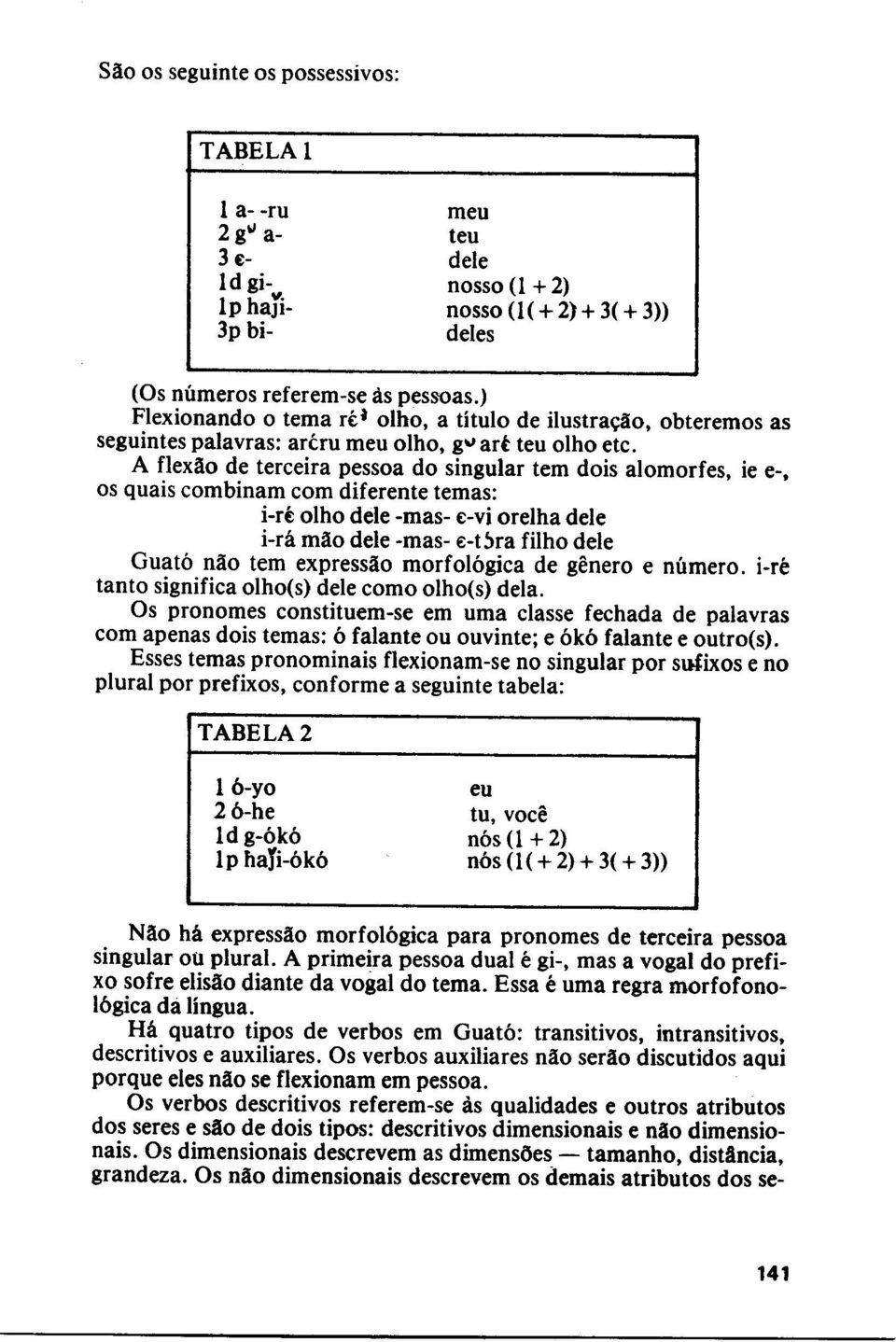 A flexao de terceira pessoa do singular tern dois alomorfes, ie e-, os quais combinam com diferente temas: i-rt olho dele -mas- t-vi orelha dele i-ra mao dele -mas- e;-tjra filho dele Guato nao tern