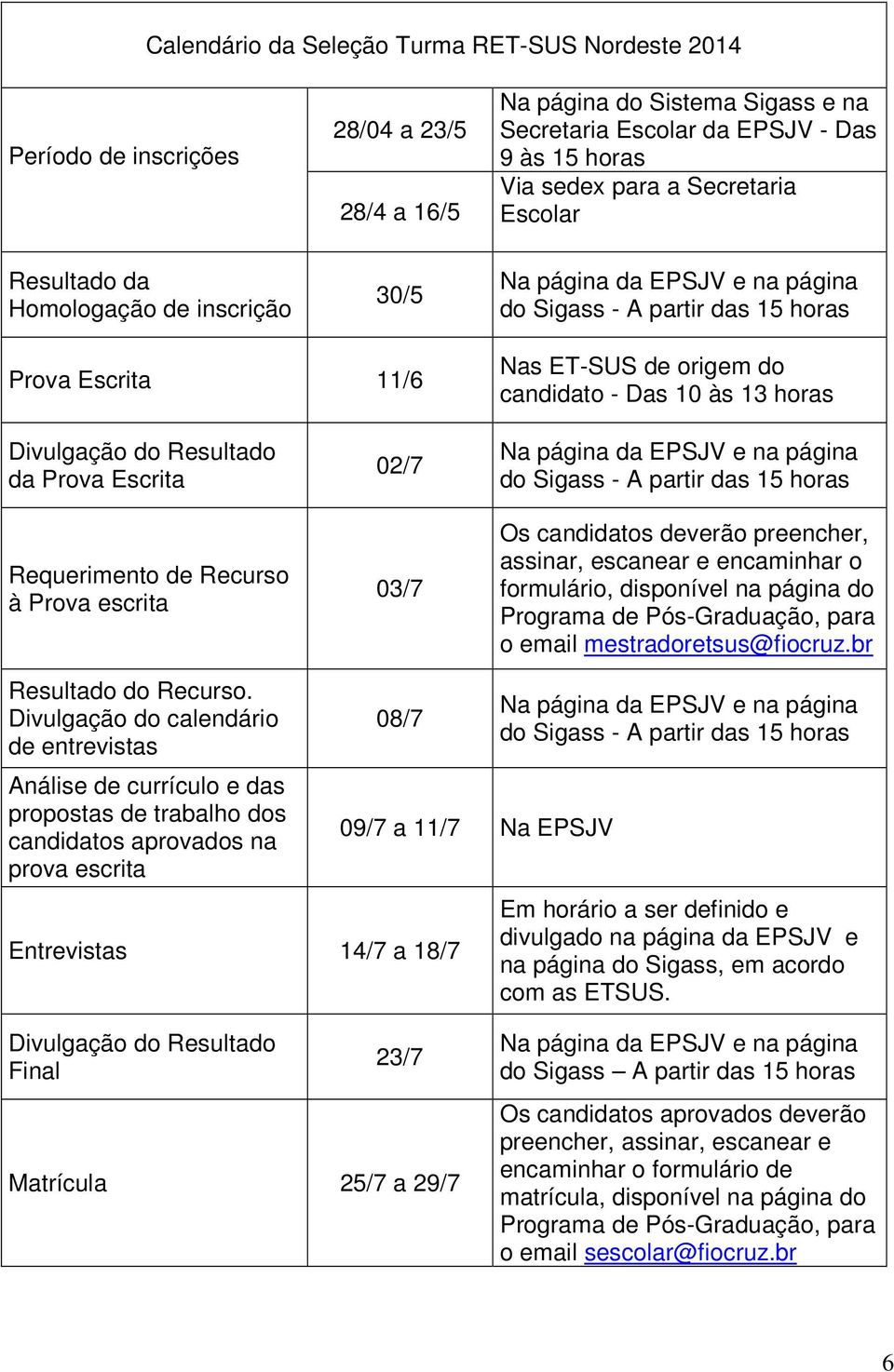 horas Divulgação do Resultado da Prova Escrita Requerimento de Recurso à Prova escrita 02/7 03/7 Na página da EPSJV e na página do Sigass - A partir das 15 horas Os candidatos deverão preencher,