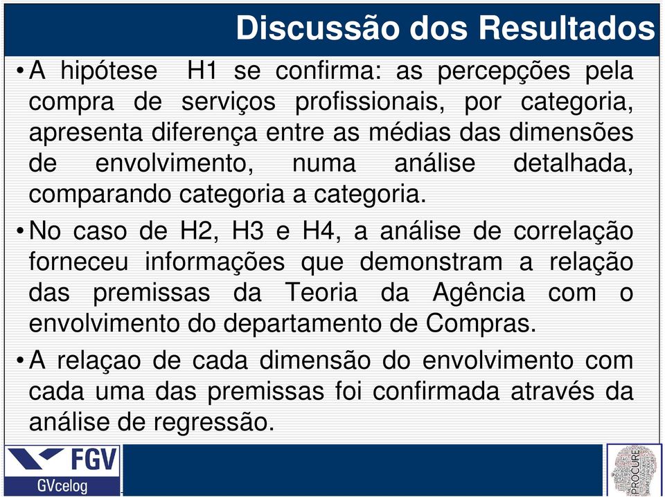 No caso de H2, H3 e H4, a análise de correlação forneceu informações que demonstram a relação das premissas da Teoria da Agência com o