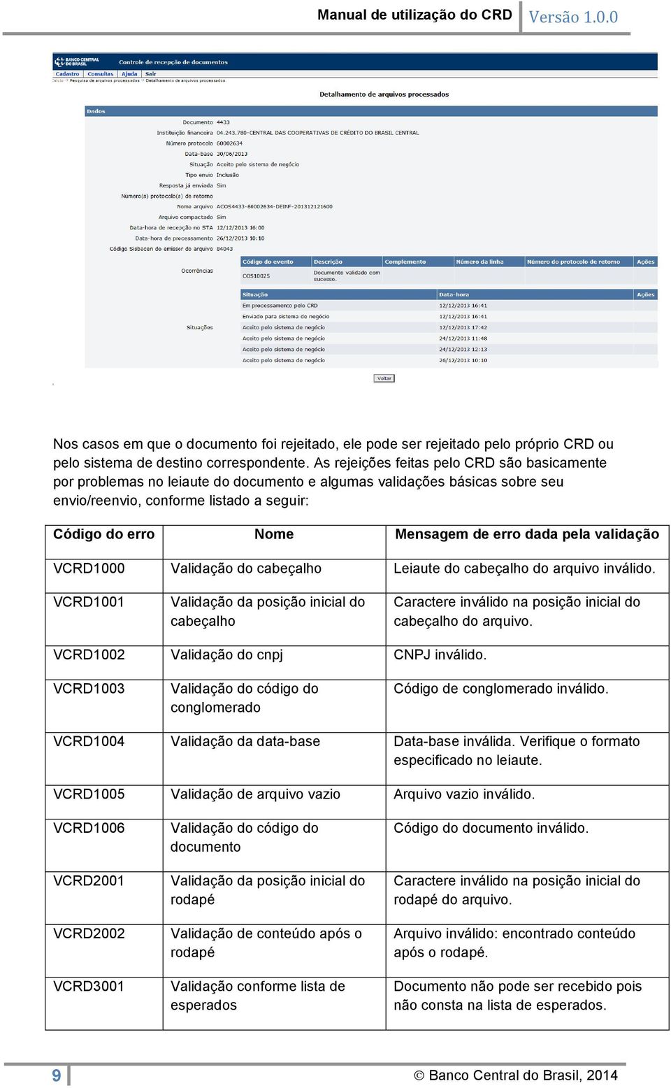 erro dada pela validação VCRD1000 Validação do cabeçalho Leiaute do cabeçalho do arquivo inválido.