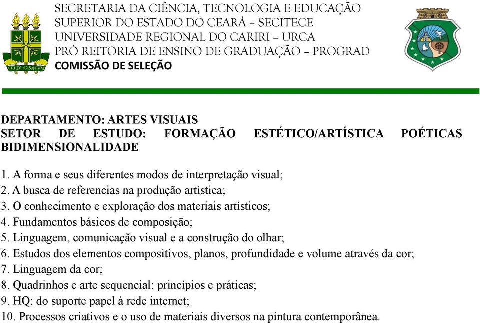 O conhecimento e exploração dos materiais artísticos; 4. Fundamentos básicos de composição; 5. Linguagem, comunicação visual e a construção do olhar; 6.