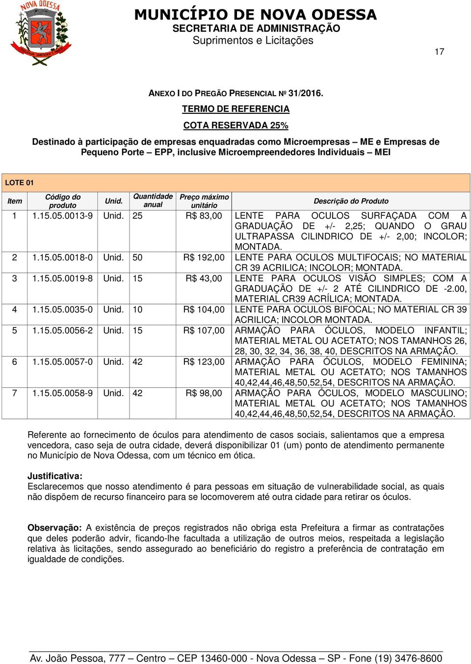 Item Código do produto Unid. Quantidade anual Preço máximo unitário Descrição do Produto 1 1.15.05.0013-9 Unid.