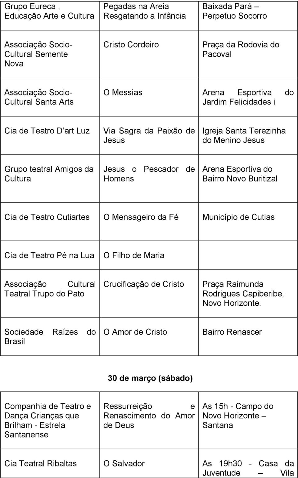 Amigos da Cultura Jesus o Pescador de Homens Arena Esportiva do Bairro Novo Buritizal Cia de Teatro Cutiartes O Mensageiro da Fé Município de Cutias Cia de Teatro Pé na Lua O Filho de Maria