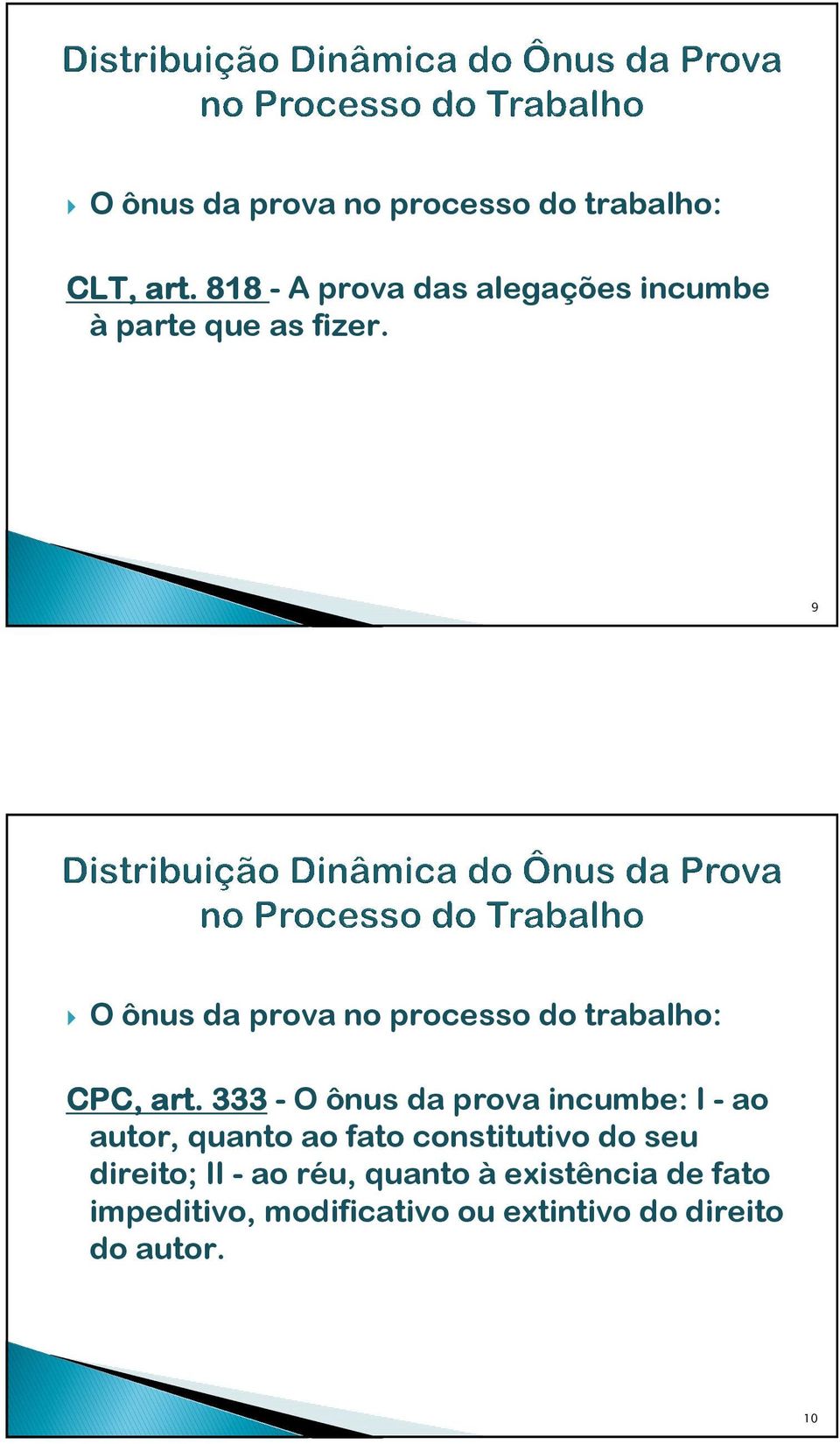 9 O ônus da prova no processo do trabalho: CPC, art.