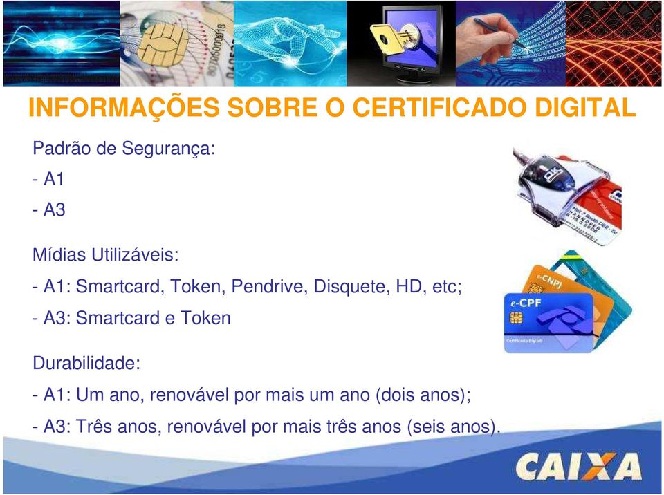 - A3: Smartcard e Token Durabilidade: - A1: Um ano, renovável por mais um