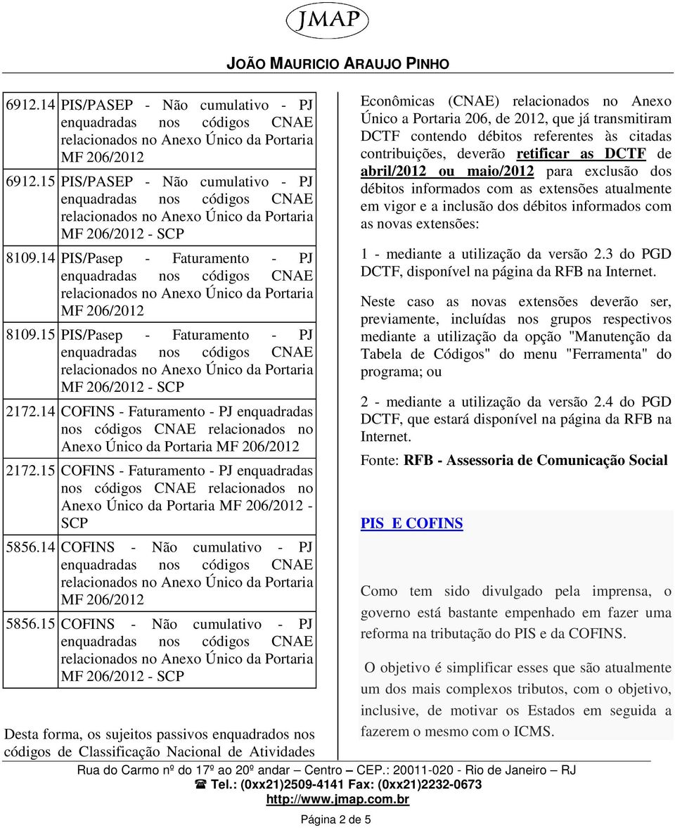 15 COFINS - Faturamento - PJ enquadradas nos códigos CNAE relacionados no Anexo Único da Portaria MF 206/2012 - SCP 5856.14 COFINS - Não cumulativo - PJ MF 206/2012 5856.