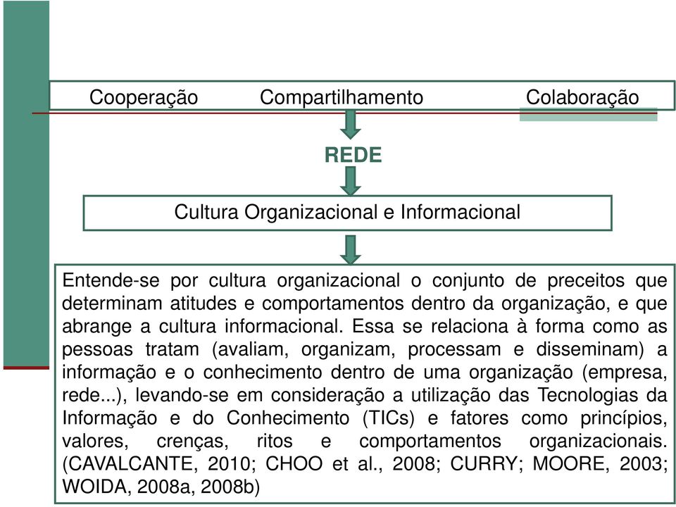 Essa se relaciona à forma como as pessoas tratam (avaliam, organizam, processam e disseminam) a informação e o conhecimento dentro de uma organização (empresa, rede.