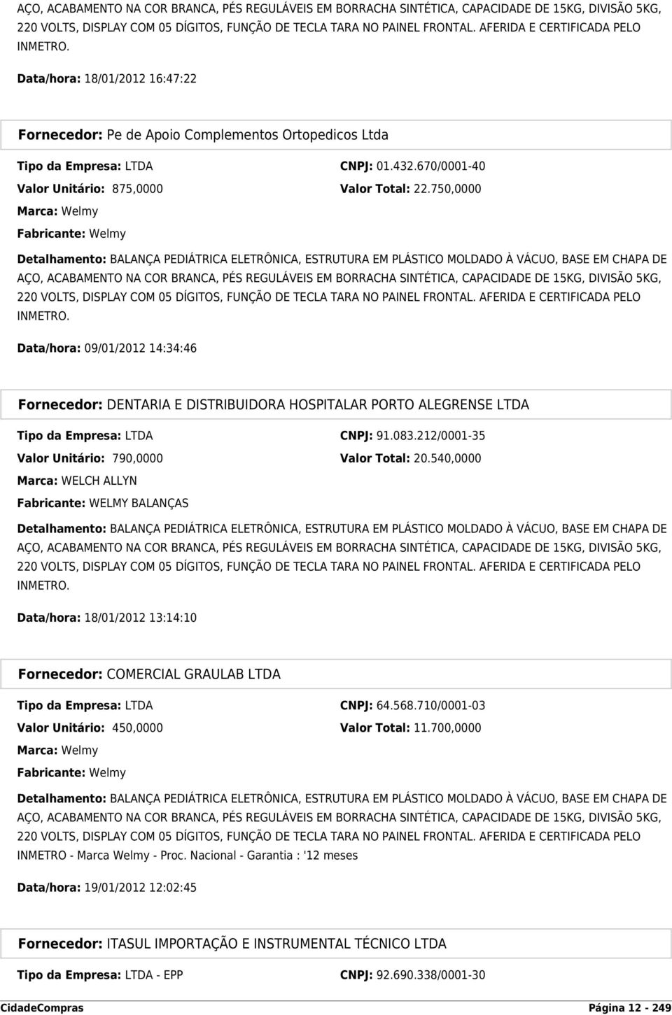 750,0000 Marca: Welmy Fabricante: Welmy Detalhamento: BALANÇA PEDIÁTRICA ELETRÔNICA, ESTRUTURA EM PLÁSTICO MOLDADO À VÁCUO, BASE EM CHAPA DE  AFERIDA E CERTIFICADA PELO INMETRO.