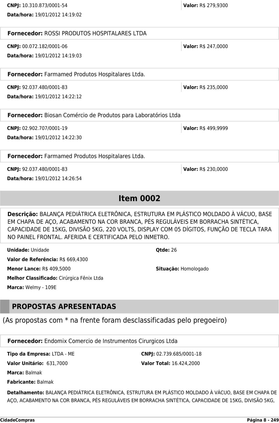 480/0001-83 Valor: R$ 235,0000 Data/hora: 19/01/2012 14:22:12 Fornecedor: Biosan Comércio de Produtos para Laboratórios Ltda CNPJ: 02.902.