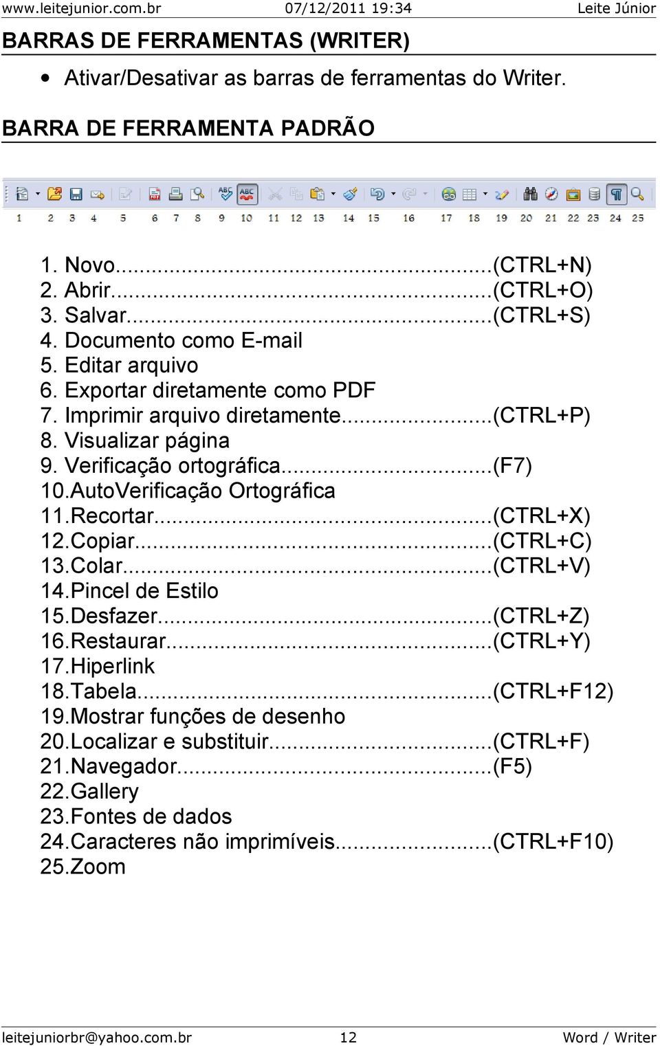 AutoVerificação Ortográfica 11.Recortar...(CTRL+X) 12.Copiar...(CTRL+C) 13.Colar...(CTRL+V) 14.Pincel de Estilo 15.Desfazer...(CTRL+Z) 16.Restaurar...(CTRL+Y) 17.Hiperlink 18.Tabela.