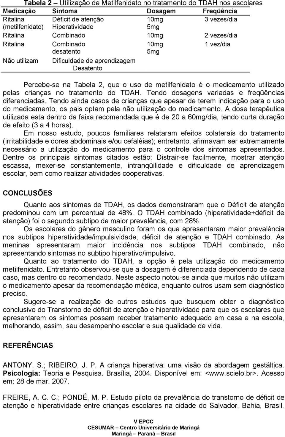 medicamento utilizado pelas crianças no tratamento do TDAH. Tendo dosagens variadas e freqüências diferenciadas.