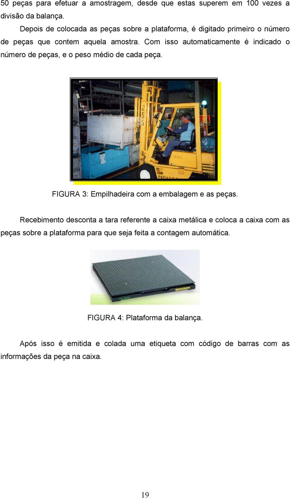 Com isso automaticamente é indicado o número de peças, e o peso médio de cada peça. FIGURA 3: Empilhadeira com a embalagem e as peças.