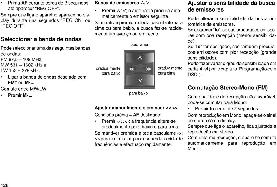 Comute entre MW/LW: Premir M L. Busca de emissores / Premir / ; o auto-rádio procura automaticamente o emissor seguinte.