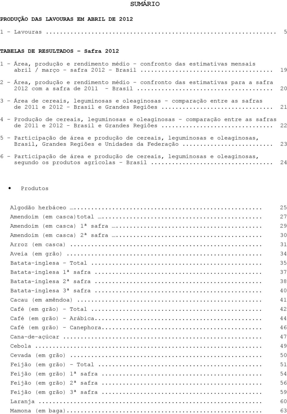 .. 19 2 - Área, produção e rendimento médio - confronto das estimativas para a safra 2012 com a safra de 2011 - Brasil.