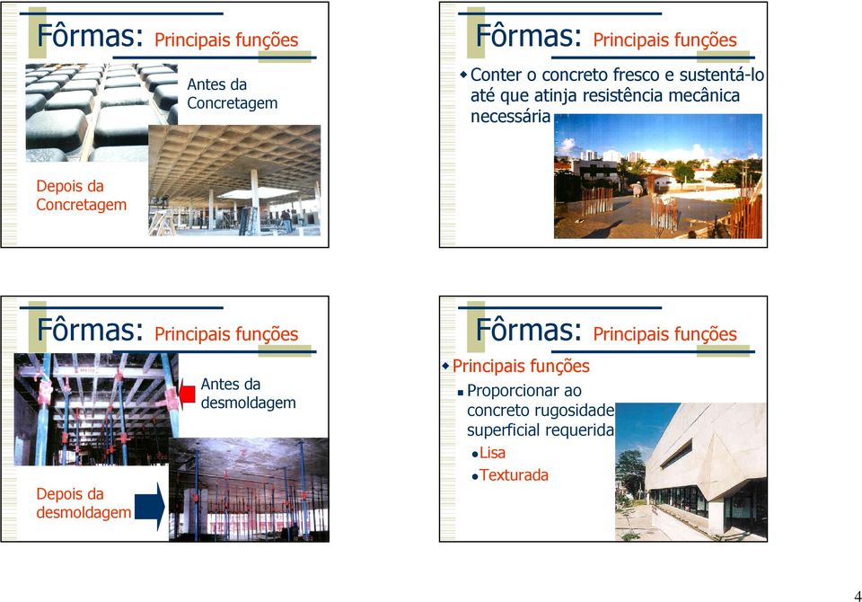 Fôrmas: Principais funções Fôrmas: Principais funções Depois da desmoldagem Antes da