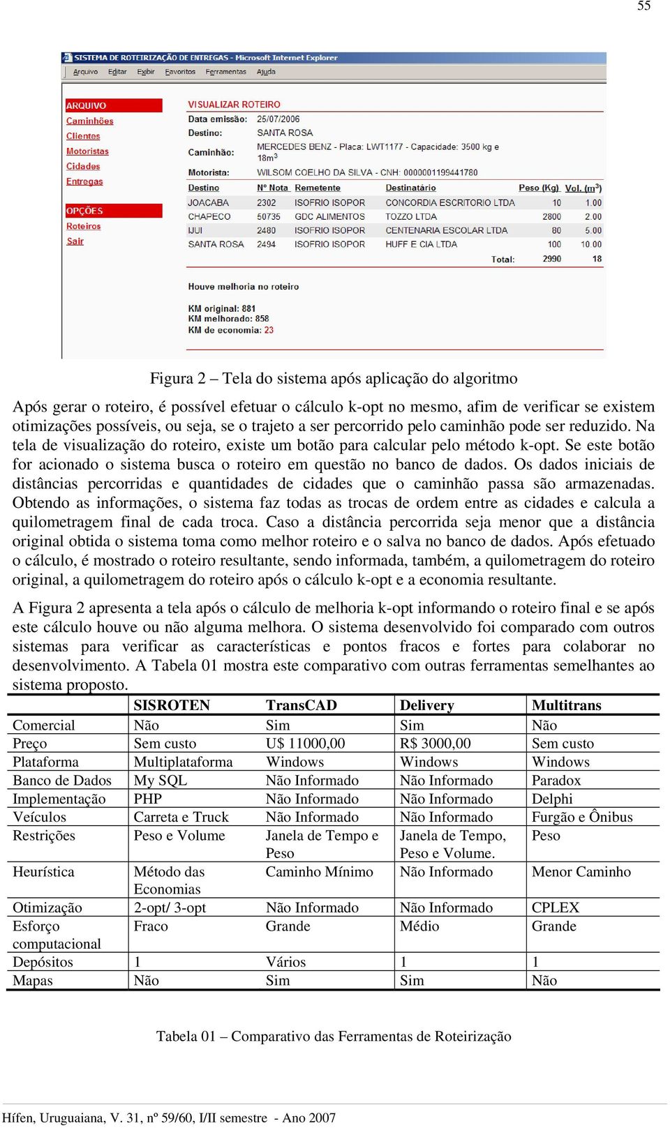 Se este botão for acionado o sistema busca o roteiro em questão no banco de dados. Os dados iniciais de distâncias percorridas e quantidades de cidades que o caminhão passa são armazenadas.