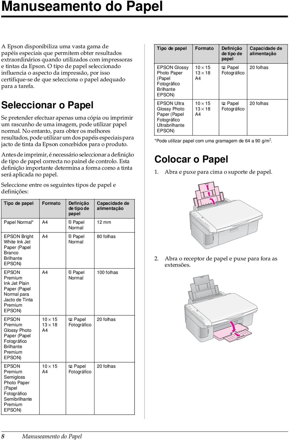 Seleccionar o Papel Se pretender efectuar apenas uma cópia ou imprimir um rascunho de uma imagem, pode utilizar papel normal.