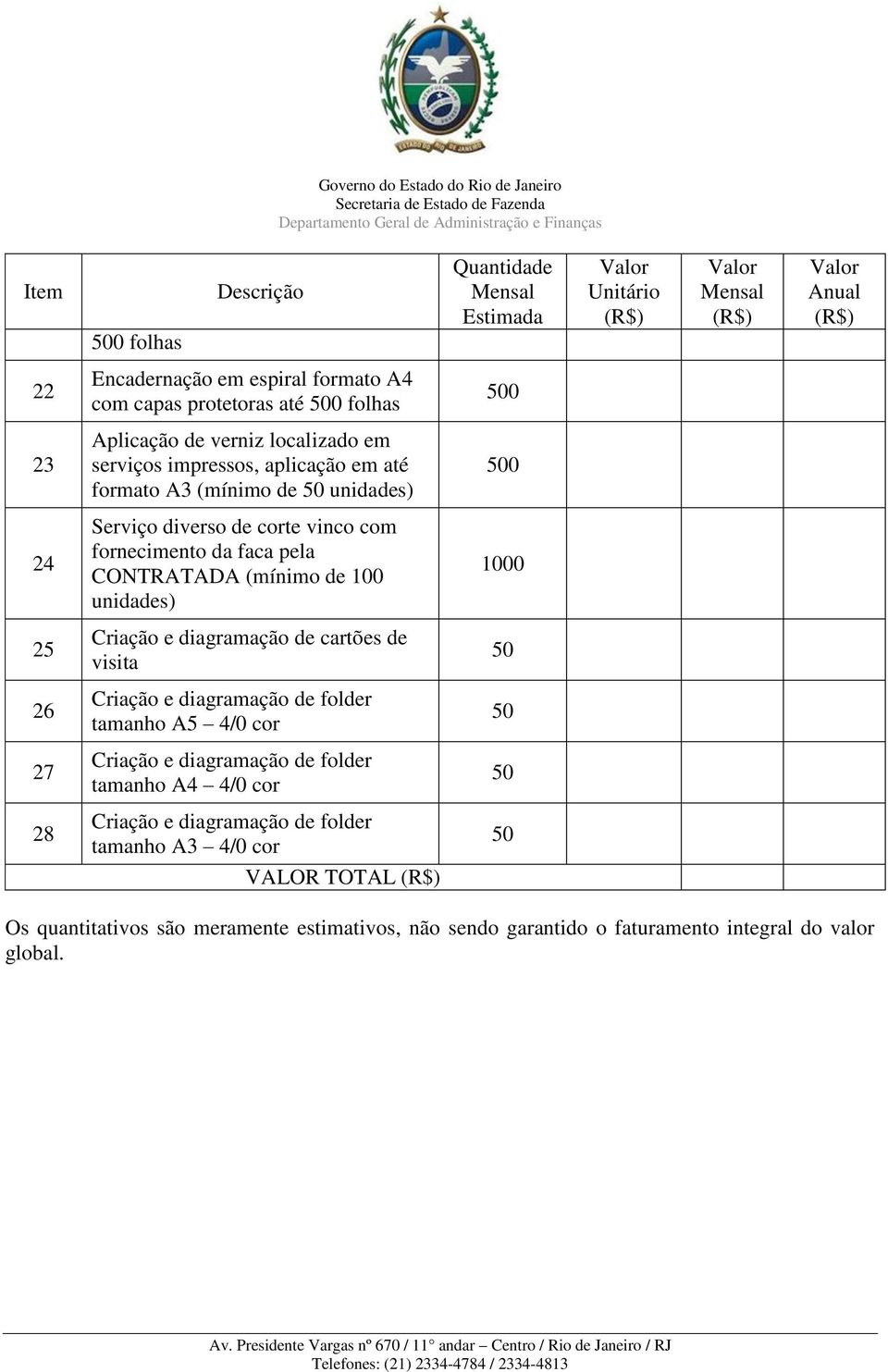 de 100 unidades) Criação e diagramação de cartões de visita Criação e diagramação de folder tamanho A5 4/0 cor Criação e diagramação de folder tamanho A4 4/0 cor Criação e