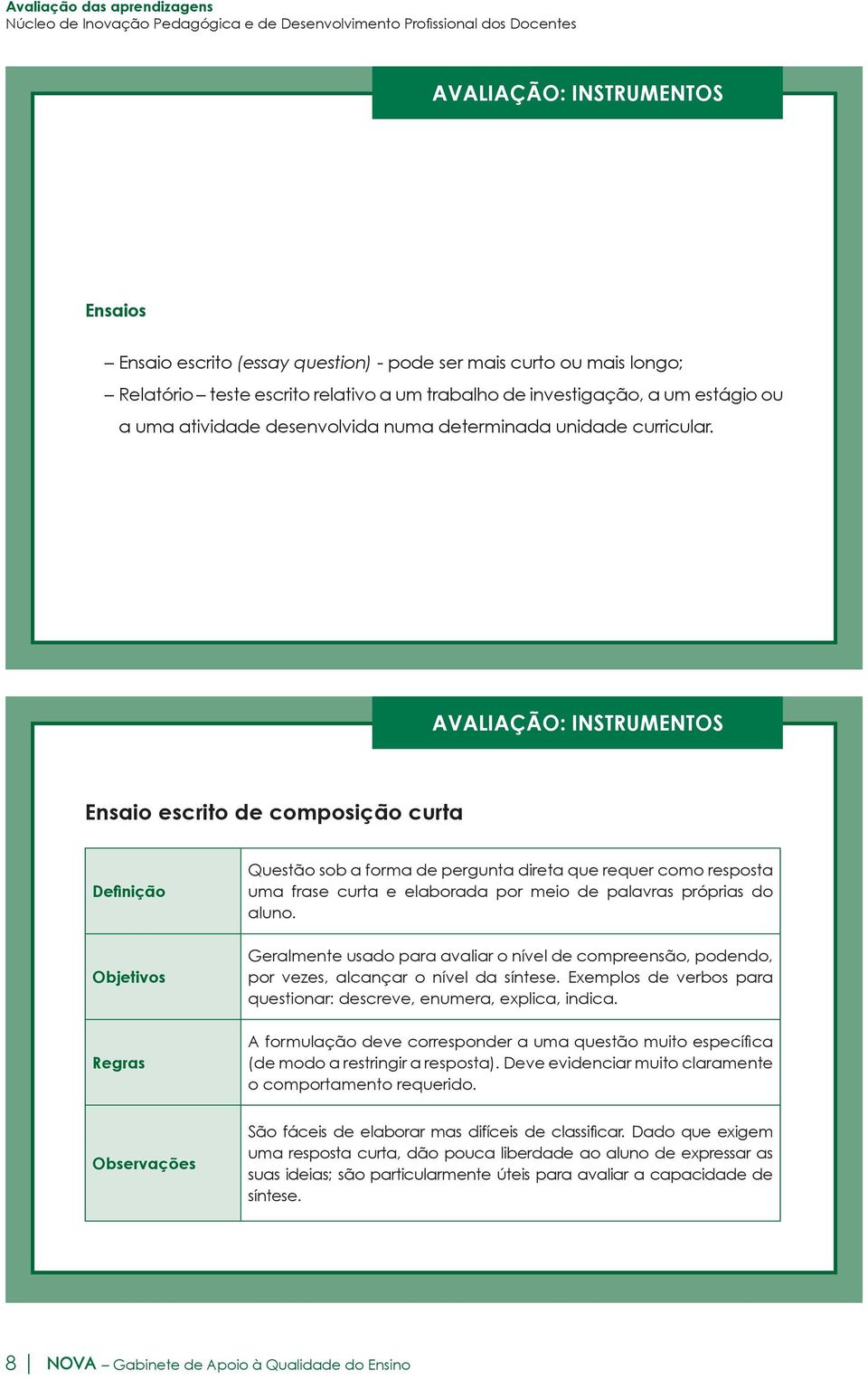 Ensaio escrito de composição curta Definição Objetivos Regras Questão sob a forma de pergunta direta que requer como resposta uma frase curta e elaborada por meio de palavras próprias do aluno.