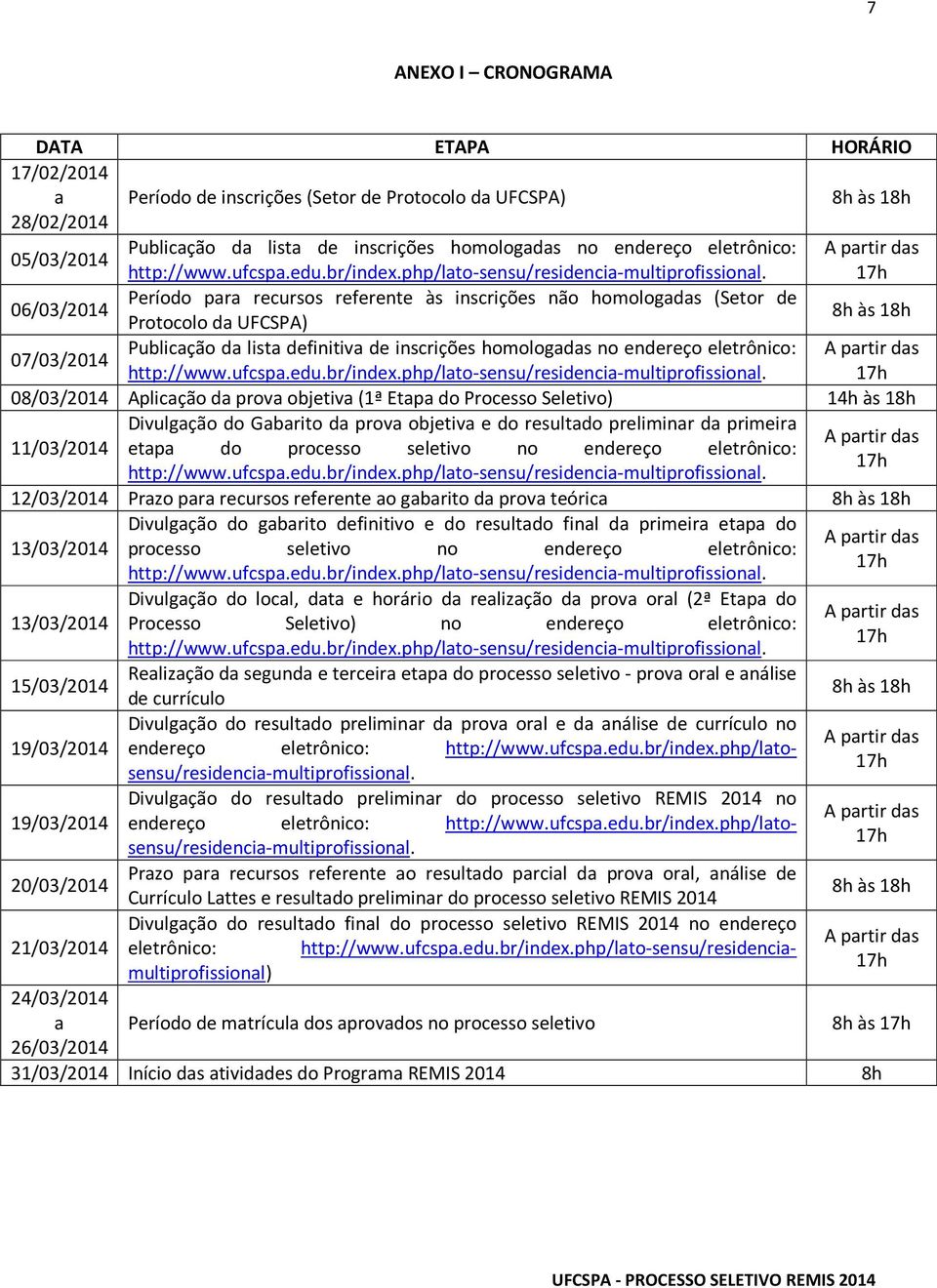 17h Período para recursos referente às inscrições não homologadas (Setor de 06/03/2014 Protocolo da UFCSPA) 8h às 18h Publicação da lista definitiva de inscrições homologadas no endereço eletrônico: