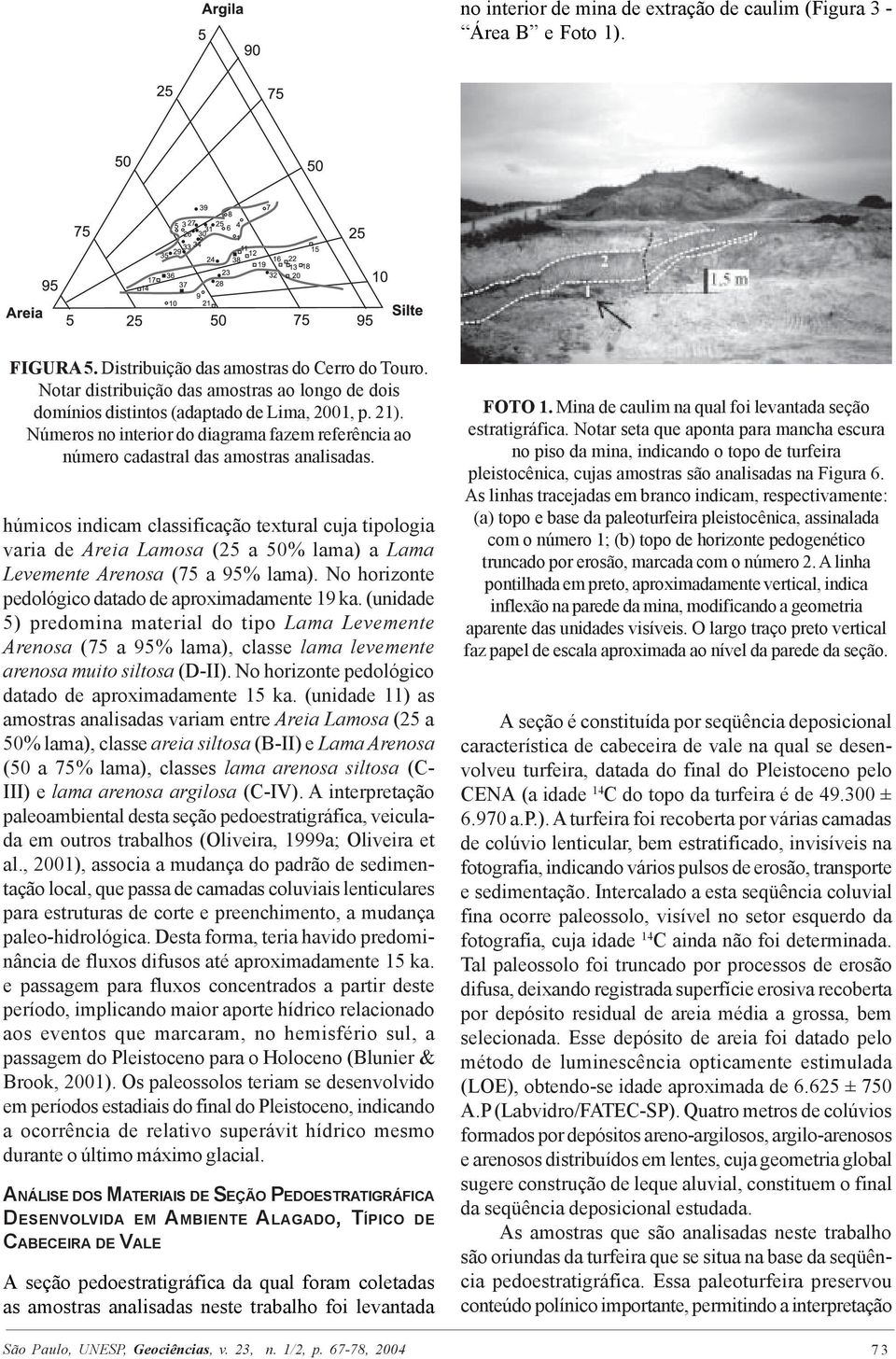húmicos indicam classificação textural cuja tipologia varia de Areia Lamosa (25 a 50% lama) a Lama Levemente Arenosa (75 a 95% lama). No horizonte pedológico datado de aproximadamente 19 ka.
