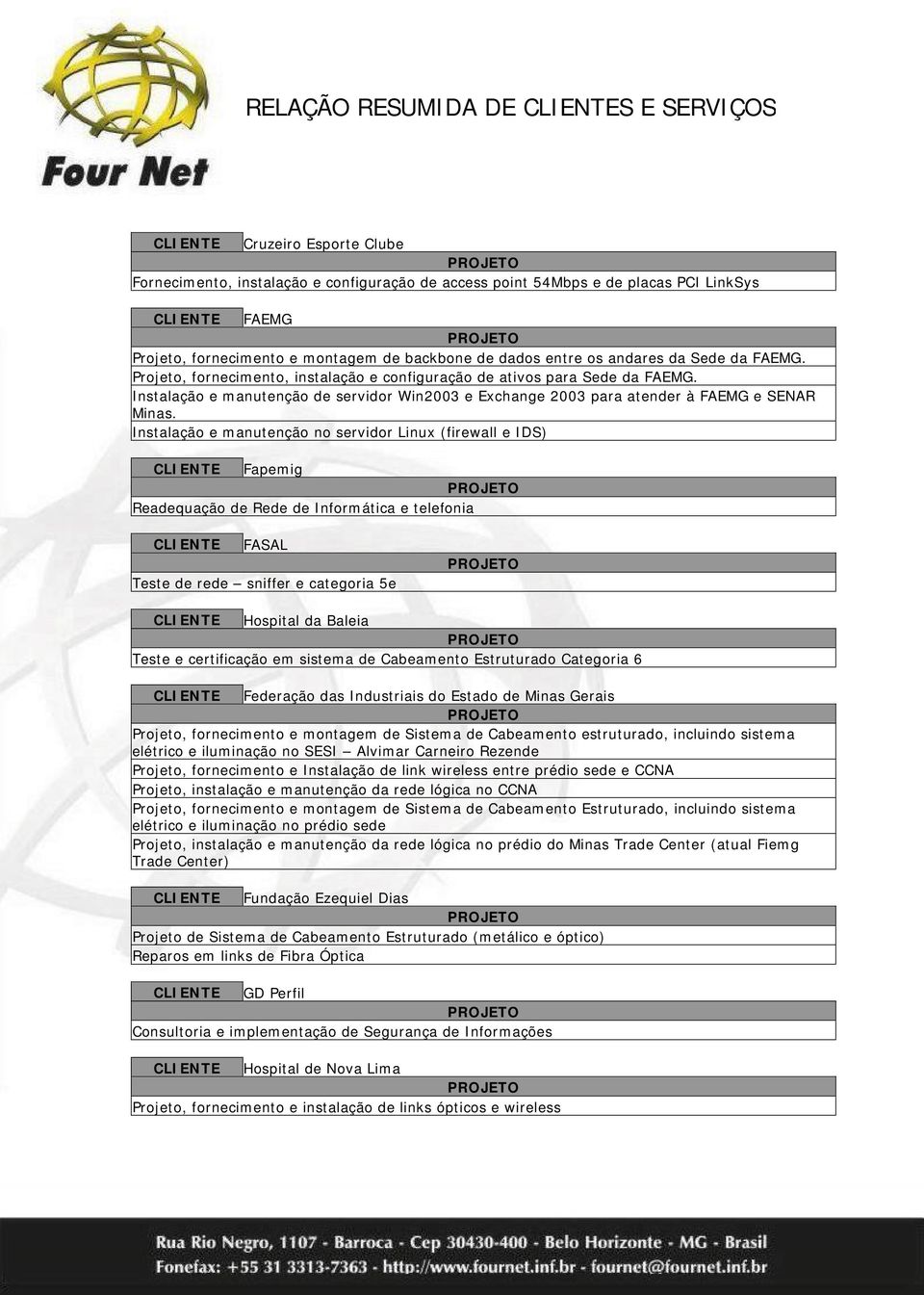 Instalação e manutenção no servidor Linux (firewall e IDS) CLIENTE Fapemig Readequação de Rede de Informática e telefonia CLIENTE FASAL Teste de rede sniffer e categoria 5e CLIENTE Hospital da Baleia