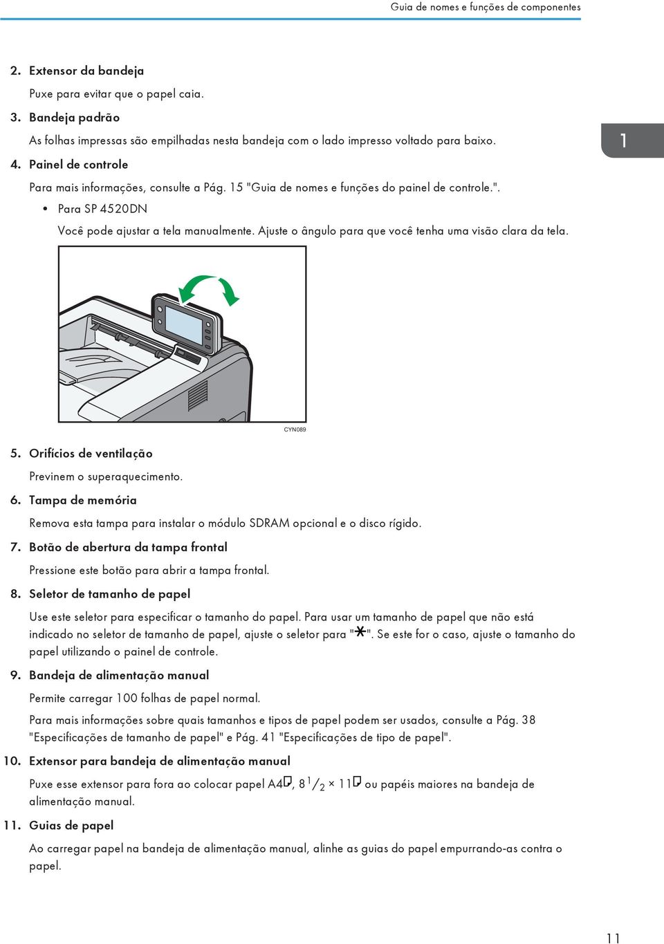 15 "Guia de nomes e funções do painel de controle.". Para SP 4520DN Você pode ajustar a tela manualmente. Ajuste o ângulo para que você tenha uma visão clara da tela. CYN089 5.