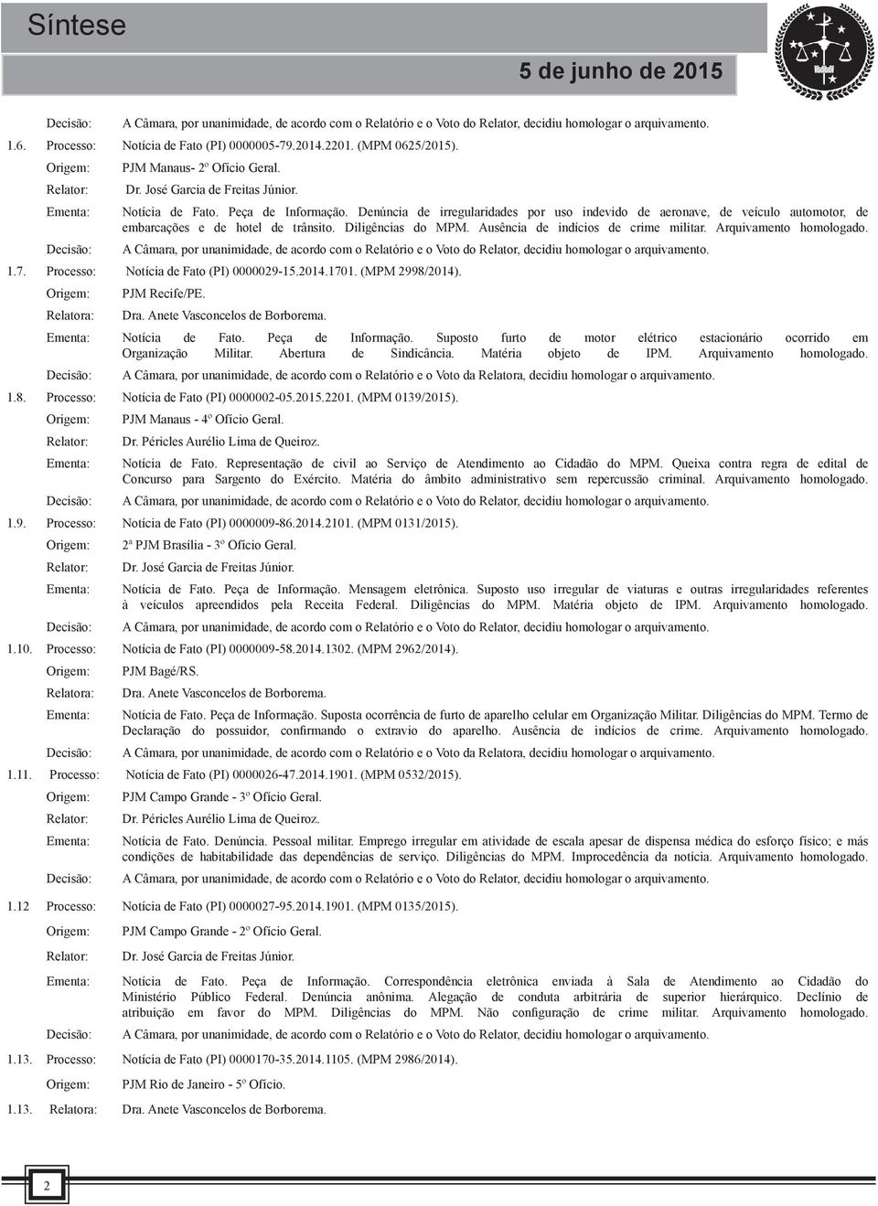 Arquivamento homologado. 1.7. Processo: Notícia de Fato (PI) 0000029-15.2014.1701. (MPM 2998/2014). PJM Recife/PE. Notícia de Fato. Peça de Informação.