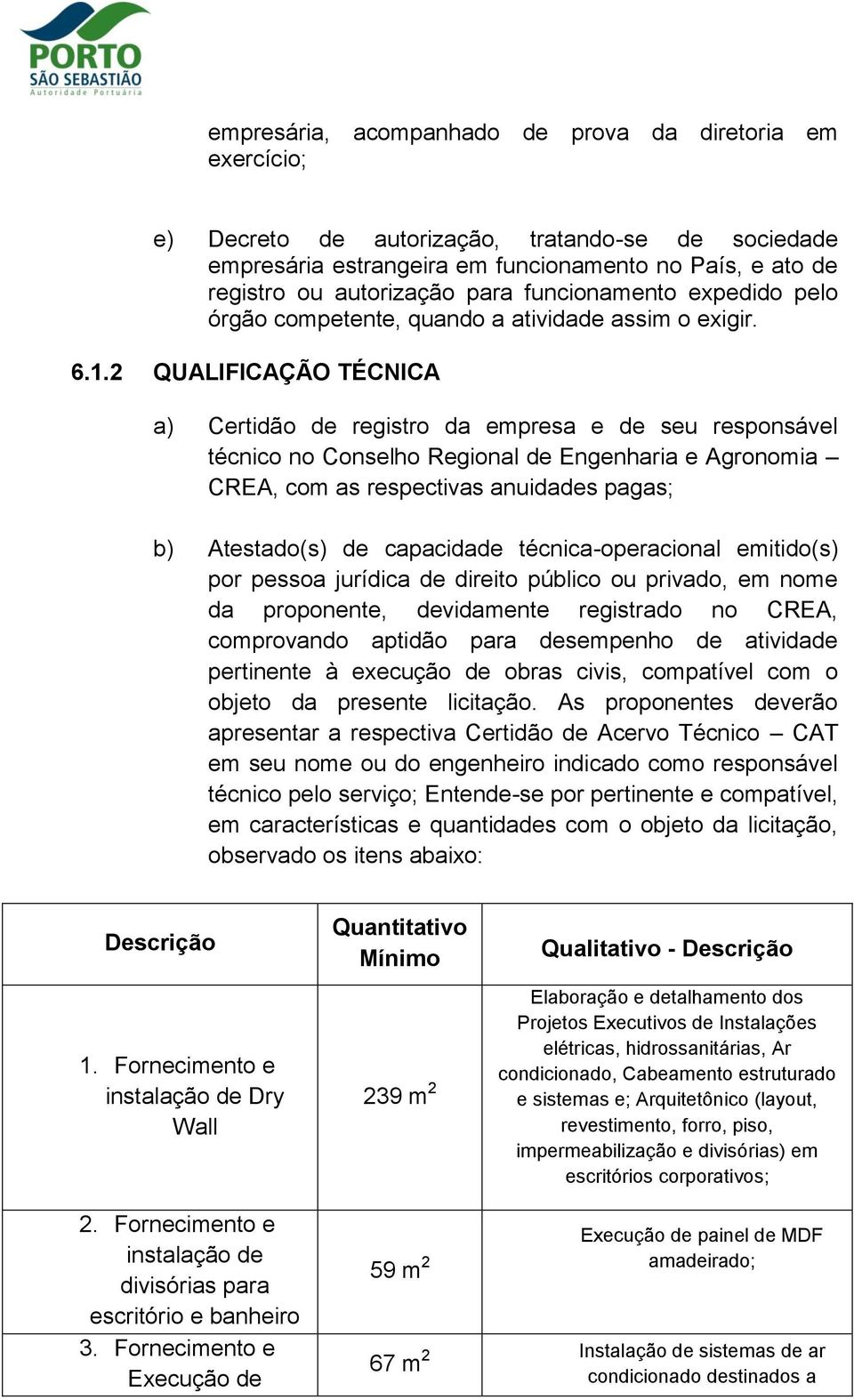 2 QUALIFICAÇÃO TÉCNICA a) Certidão de registro da empresa e de seu responsável técnico no Conselho Regional de Engenharia e Agronomia CREA, com as respectivas anuidades pagas; b) Atestado(s) de