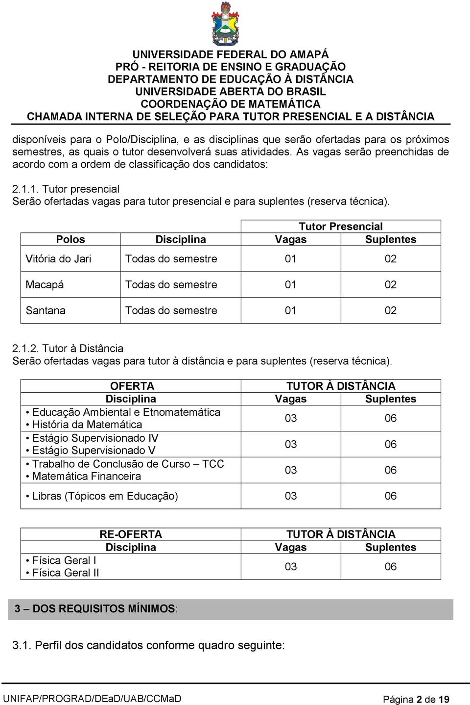 Tutor Presencial Polos Disciplina Vagas Suplentes Vitória do Jari Todas do semestre 01 02 Macapá Todas do semestre 01 02 Santana Todas do semestre 01 02 2.1.2. Tutor à Distância Serão ofertadas vagas para tutor à distância e para suplentes (reserva técnica).