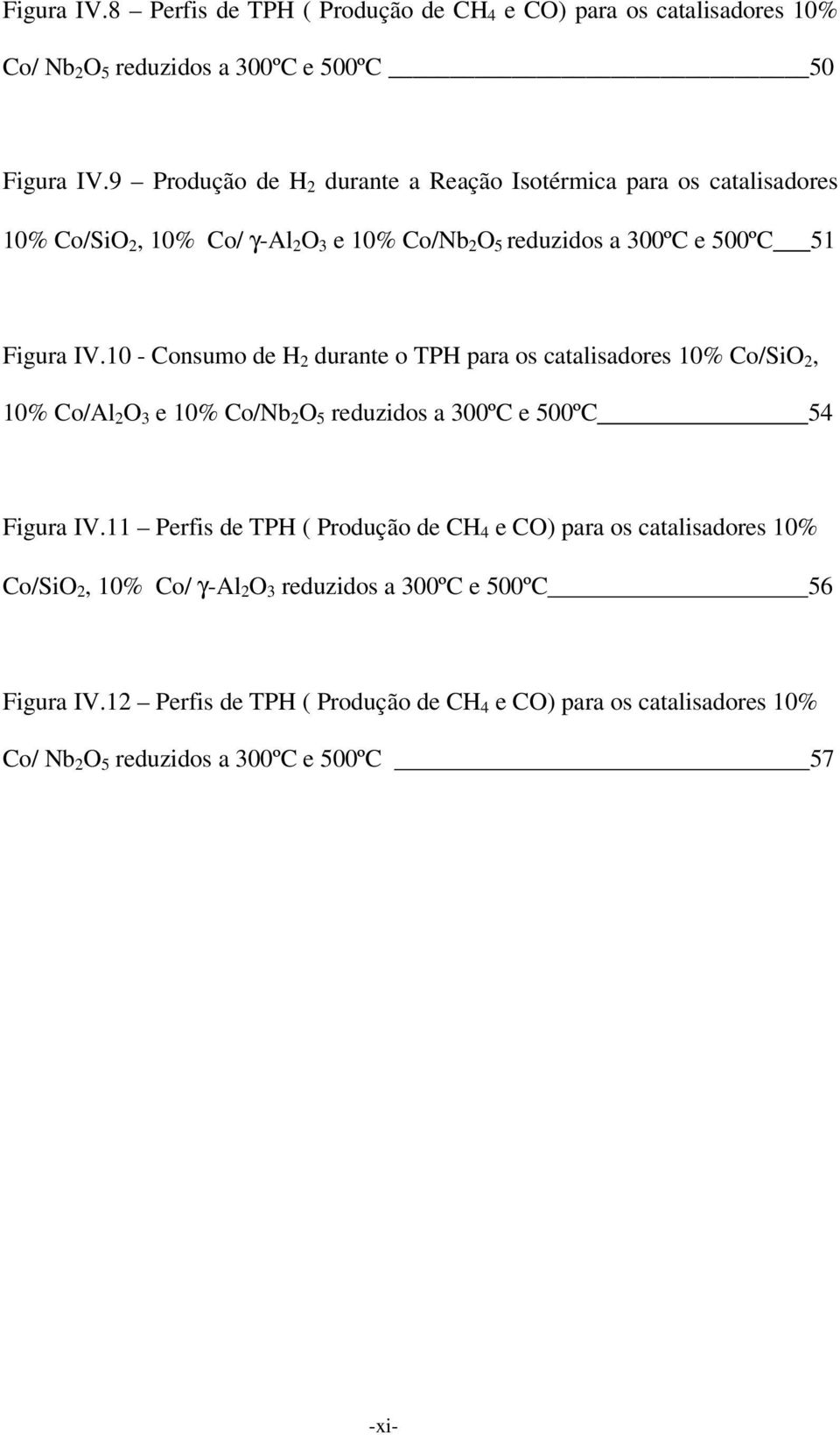 10 - Consumo de H 2 durante o TPH para os catalisadores 10% Co/SiO 2, 10% Co/Al 2 O 3 e 10% Co/Nb 2 O 5 reduzidos a 300ºC e 500ºC 54 Figura IV.