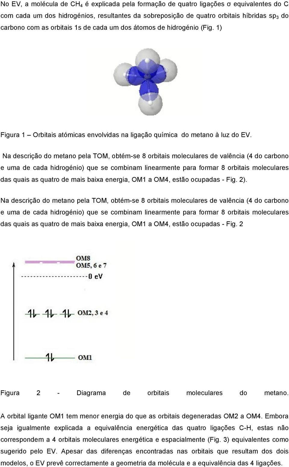 Na descrição do metano pela TOM, obtém-se 8 orbitais moleculares de valência (4 do carbono e uma de cada hidrogénio) que se combinam linearmente para formar 8 orbitais moleculares das quais as quatro