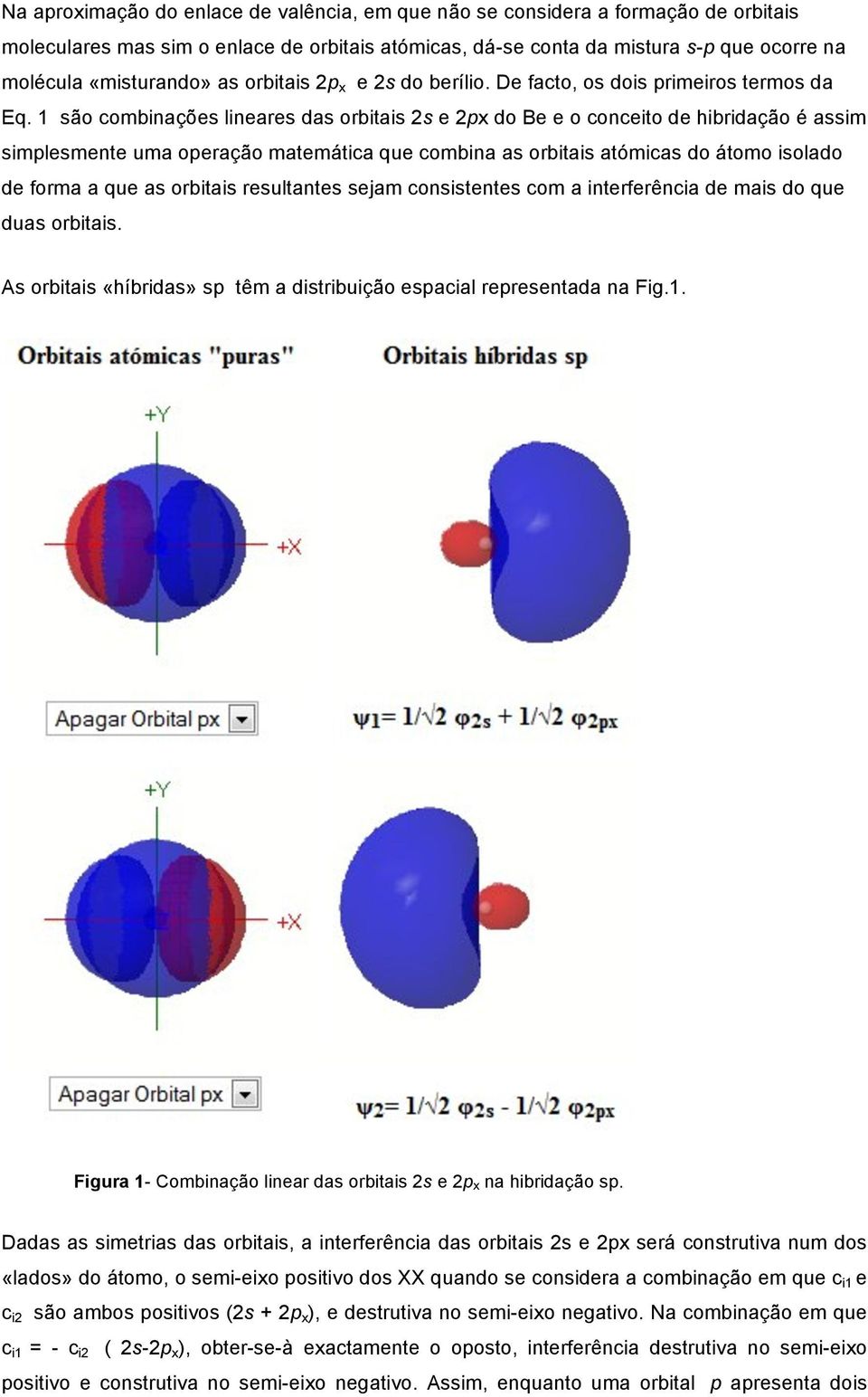 1 são combinações lineares das orbitais 2s e 2px do Be e o conceito de hibridação é assim simplesmente uma operação matemática que combina as orbitais atómicas do átomo isolado de forma a que as