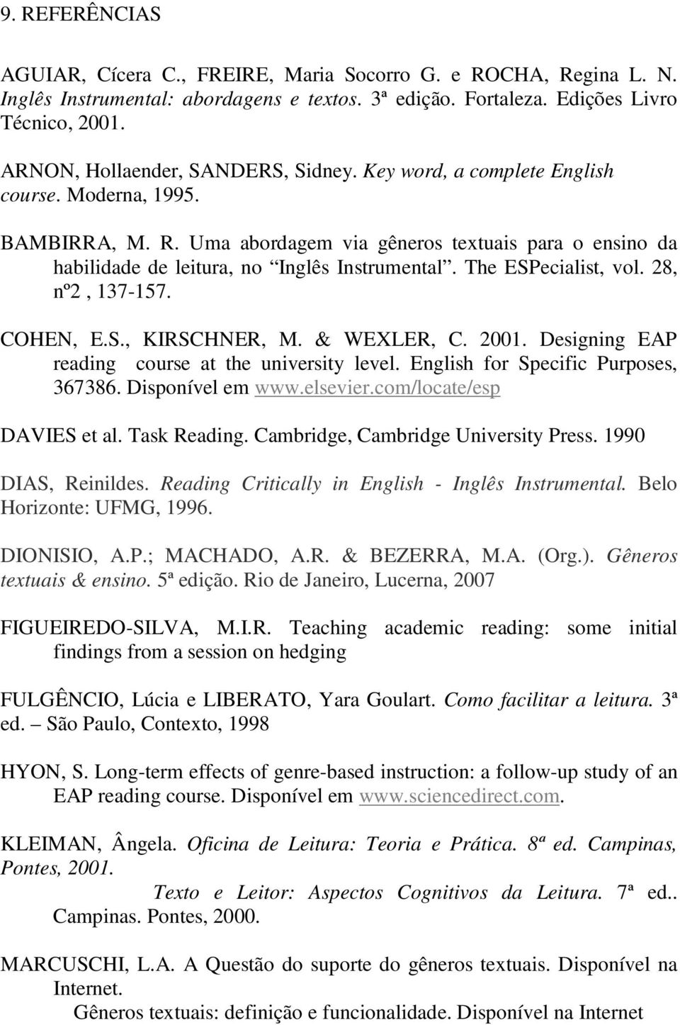 Uma abordagem via gêneros textuais para o ensino da habilidade de leitura, no Inglês Instrumental. The ESPecialist, vol. 28, nº2, 137-157. COHEN, E.S., KIRSCHNER, M. & WEXLER, C. 2001.