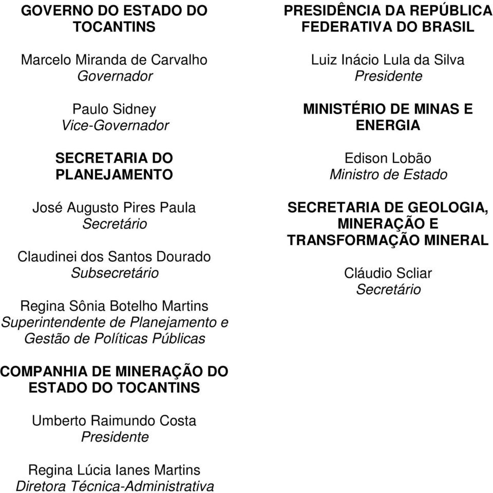 FEDERATIVA DO BRASIL Luiz Inácio Lula da Silva Presidente MINISTÉRIO DE MINAS E ENERGIA Edison Lobão Ministro de Estado SECRETARIA DE GEOLOGIA, MINERAÇÃO E