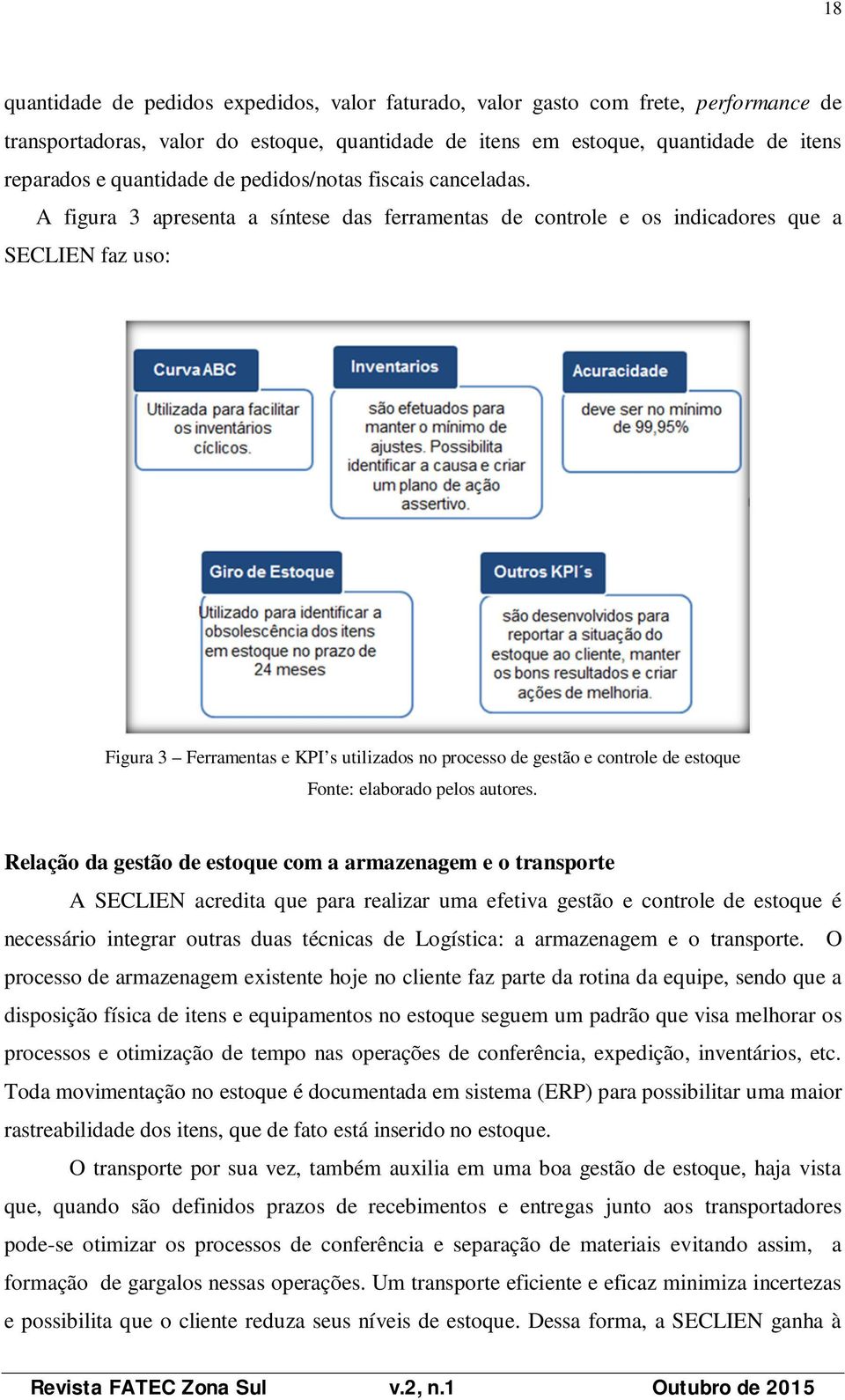 A figura 3 apresenta a síntese das ferramentas de controle e os indicadores que a SECLIEN faz uso: Figura 3 Ferramentas e KPI s utilizados no processo de gestão e controle de estoque Fonte: elaborado