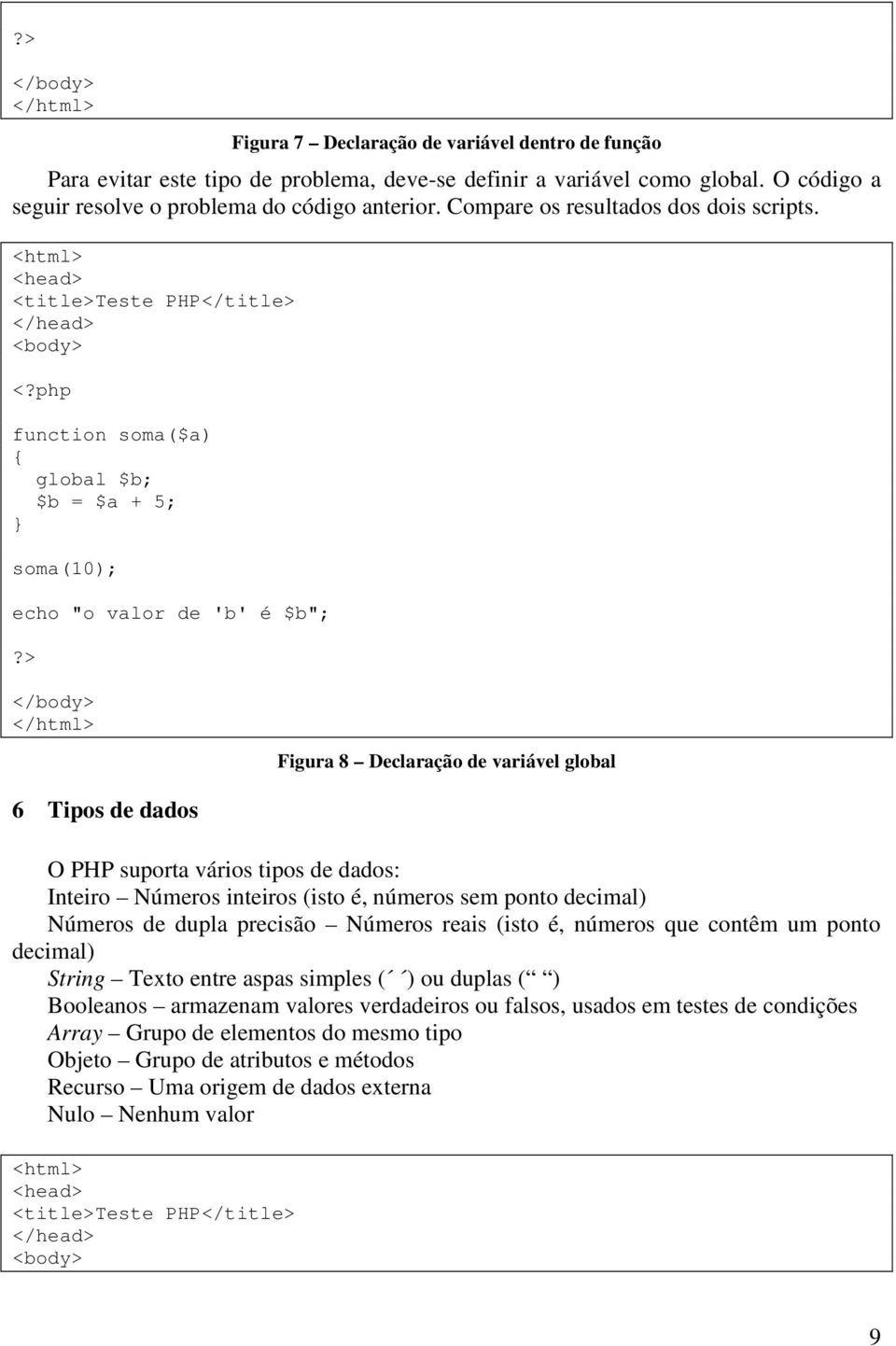 function soma($a) { global $b; $b = $a + 5; } soma(10); echo "o valor de 'b' é $b"; 6 Tipos de dados Figura 8 Declaração de variável global O PHP suporta vários tipos de dados: Inteiro Números