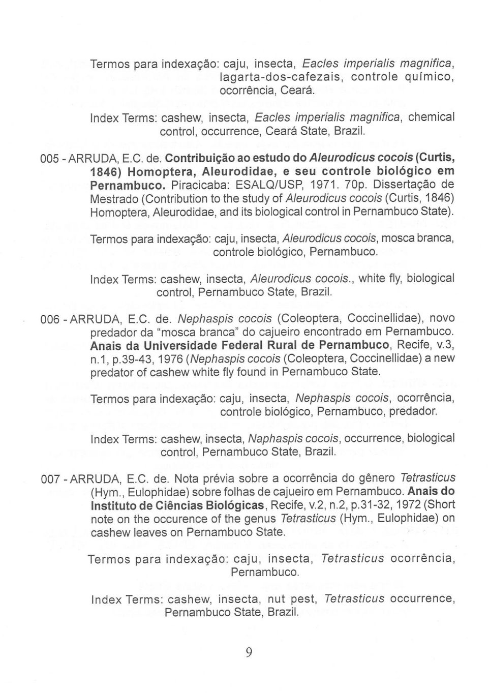 Contribuição ao estudo do Aleurodicus cocois (Curtis, 1846) Homoptera, Aleurodidae, e seu controle biológico em Pernambuco. Piracicaba: ESALQ/USP, 1971. 70p.