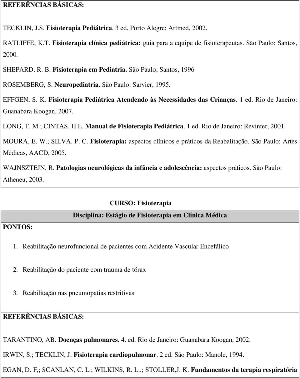 Rio de Janeiro: Guanabara Koogan, 2007. LONG, T. M.; CINTAS, H.L. Manual de Fisioterapia Pediátrica. 1 ed. Rio de Janeiro: Revinter, 2001. MOURA, E. W.; SILVA. P. C. Fisioterapia: aspectos clínicos e práticos da Reabalitação.