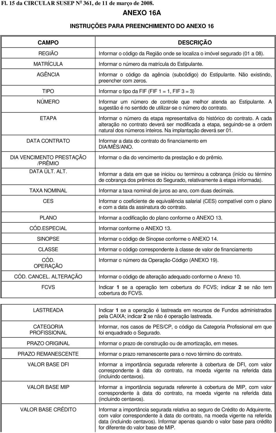 MATRÍCULA AGÊNCIA Informar o número da matrícula do Estipulante. Informar o código da agência (subcódigo) do Estipulante. Não existindo, preencher com zeros.