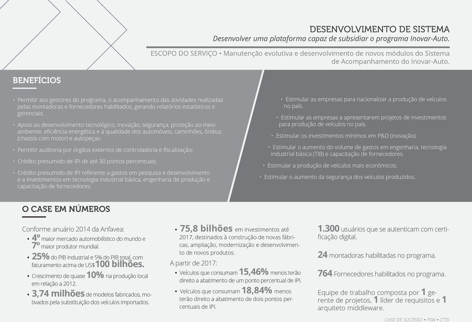 BENEFÍCIOS Permitir aos gestores do programa, o acompanhamento das atividades realizadas pelas montadoras e fornecedores habilitados, gerando relatórios estatísticos e gerenciais.