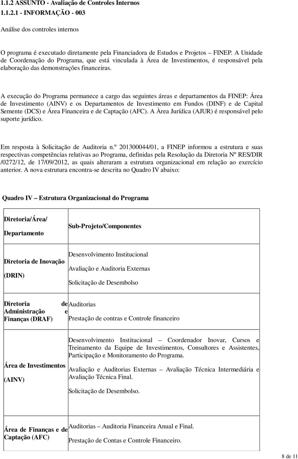 A execução do Programa permanece a cargo das seguintes áreas e departamentos da FINEP: Área de Investimento (AINV) e os Departamentos de Investimento em Fundos (DINF) e de Capital Semente (DCS) e