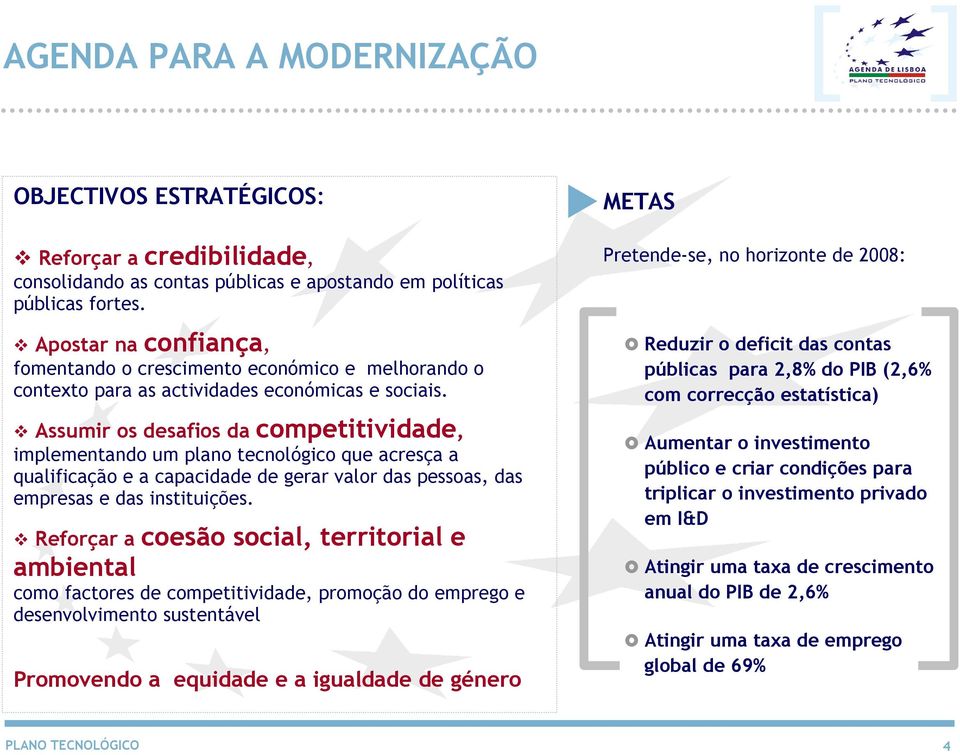 Assumir os desafios da competitividade, implementando um plano tecnológico que acresça a qualificação e a capacidade de gerar valor das pessoas, das empresas e das instituições.