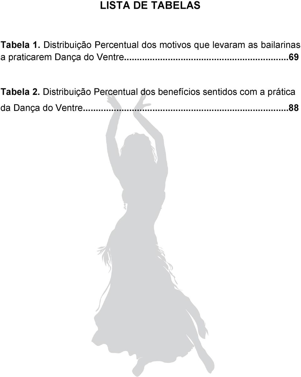 bailarinas a praticarem Dança do Ventre...69 Tabela 2.