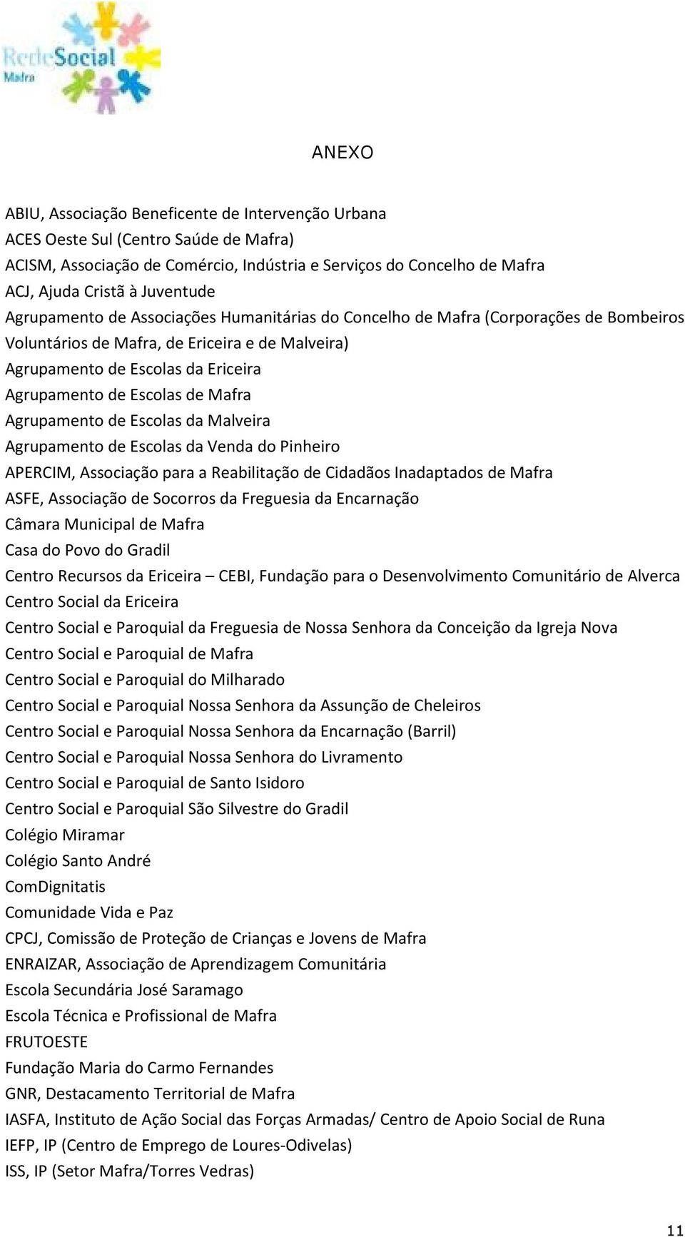 Mafra Agrupamento de Escolas da Malveira Agrupamento de Escolas da Venda do Pinheiro APERCIM, Associação para a Reabilitação de Cidadãos Inadaptados de Mafra ASFE, Associação de Socorros da Freguesia