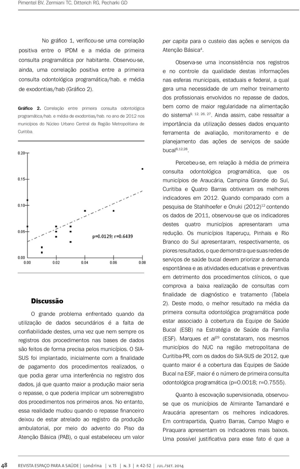 Correlação entre primeira consulta odontológica programática/hab. e média de exodontias/hab. no ano de 2012 nos municípios do Núcleo Urbano Central da Região Metropolitana de Curitiba.